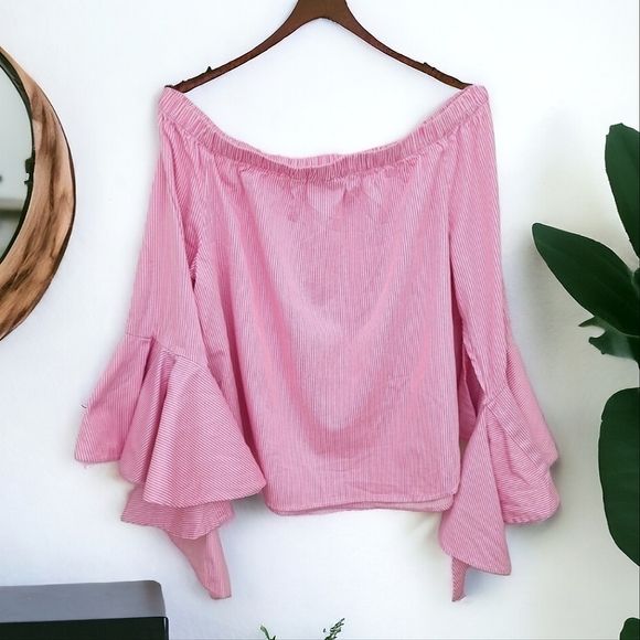 New York & Company Pink Pin Strip Stretch Off Shoulder Bell Sleeve Top Size M - Picture 1 of 6